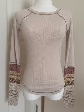 Free People In The Mix Thermal Top Crochet Cuffs Womens Size XS Boho Fairy